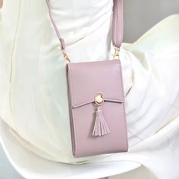 

Women Phone Shoulder Bag PU Leather Money Wallet Mini Chain Mobile Long Phone Bags Messenger Bag Pink
