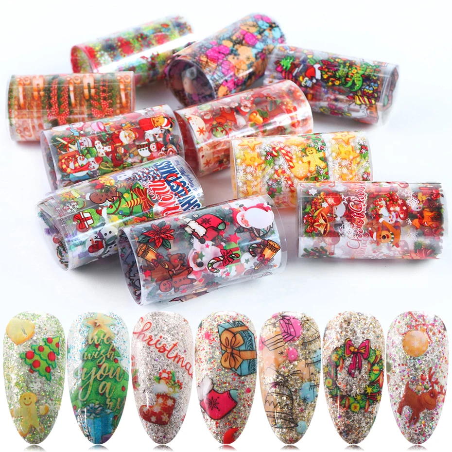 

10pcs Christmas Nail Art Foil New Year Sticker Cartoon Full Wraps Tips Adhesive Transfer Decals Nail Decorations Manicure TR9126