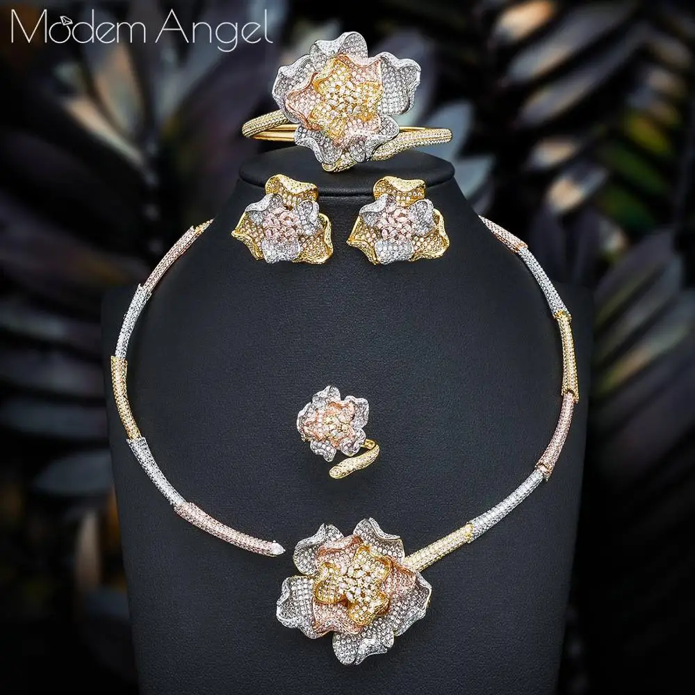 ModemAngel, модный, роскошный, 4 шт., цветок, Африканский, колье, ювелирные наборы для женщин, свадебные, полный кубический циркон, Дубай, Свадебный комплект ювелирных изделий
