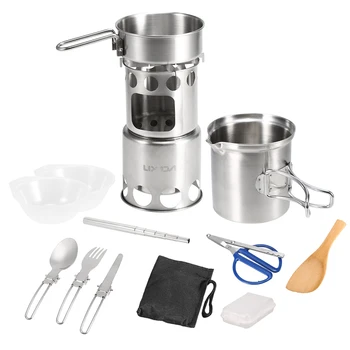 

12Pcs Camping Cookware Mess Kit Outdoor Portable Stainless Folding Wood Stove Pot Pan Set Bowls Spoon Spork Cooking Set
