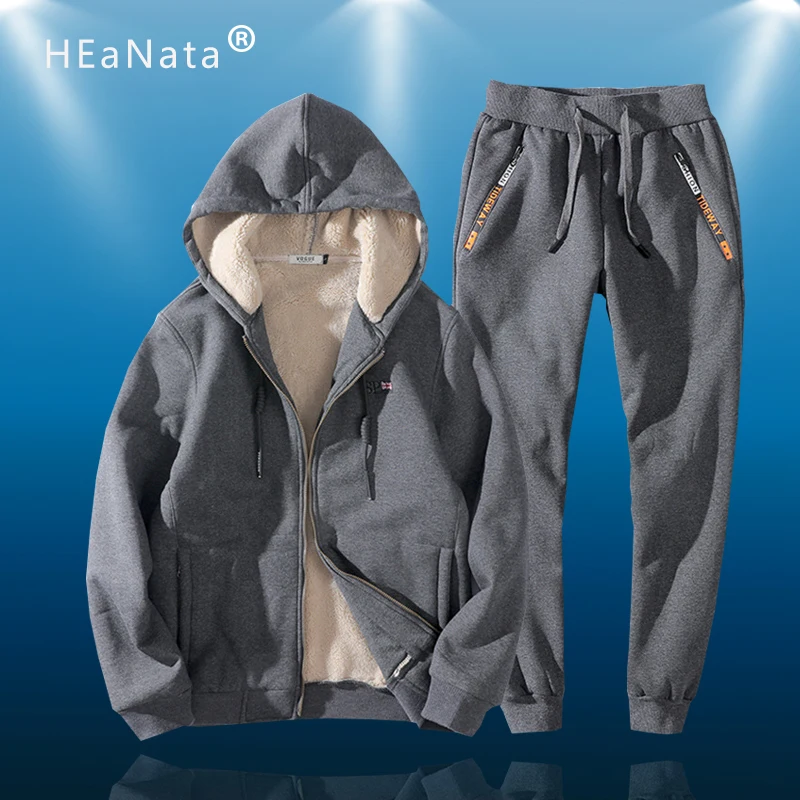 

Winter Thick Fleece Sport Men Set Two Pieces Running Clothing Set Tracksuit Casual Track Suit Sweatsuit Fur Cotton Hoodies