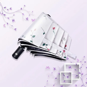 

Fully Automatic Small Fresh Umbrella Rain Woman Three Fold Umbrella Floral Black Coating Anti Uv Sun Guarda
