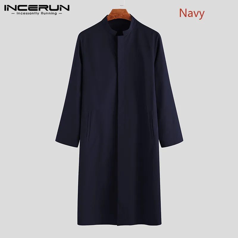 Navy INCERUN, мужская рубашка, Ретро стиль, повседневная, одноцветная, длинный рукав, стоячий воротник, Ретро стиль, для мужчин, мусульманский, исламский, кафтан,, длинный стиль, рубашки, S-5XL - Цвет: Navy