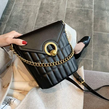 

2020 New Women's Shoulder Bags Fashion Handbags Pu Leather Bucket Bag Leisure Checkered Chain Women's Messenger Crossbody Bags