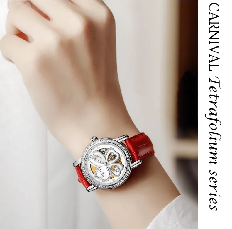 KARNEVAL режим Frauen Uhren Leder High end Tourbillon Mechanische Uhr Frauen светящийся сапфир вассердихт Montre femme