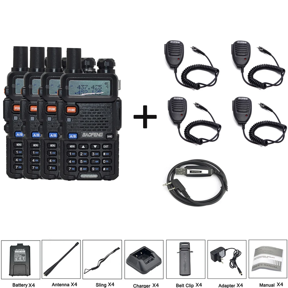 4 шт. 8 Вт Baofeng UV-5R рация VHF UHF136-174Mhz& 400-520 МГц Двухдиапазонная двухсторонняя рация Baofeng uv 5r рация uv5r - Цвет: add 4mic-1cab