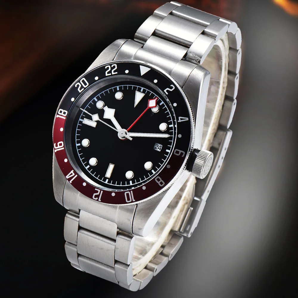 Автоматические GMT мужские часы 41 мм 316L чехол из нержавеющей стали вращающийся ободок черный стерильный циферблат Дата 02