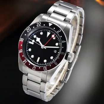 

automatic GMT mens watch 41mm 316L stainless steel case Rotating bezel black sterile dial date 02