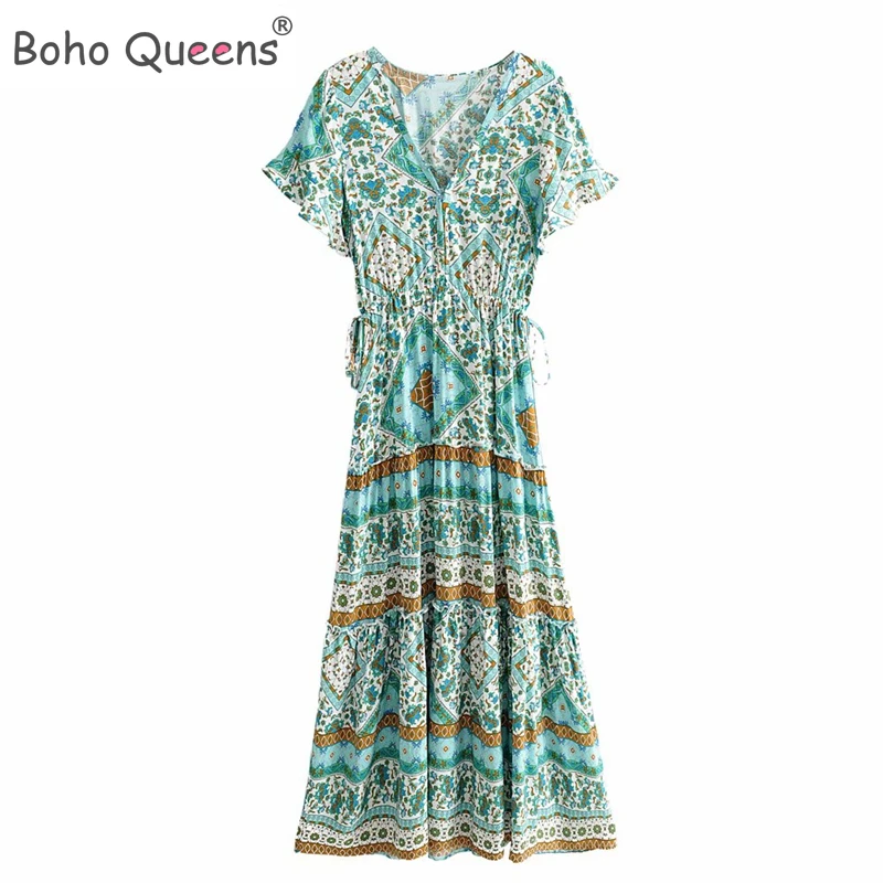 Boho Queens Women Green Floral Print Beach Bohemian Rayon Maxi Dresses Ladies V Neck Button Pleated Happie Dress Vestidos | Женская