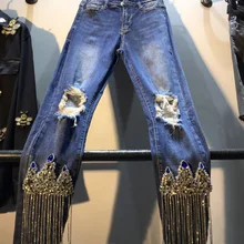 Осенние модные джинсы женские новые тяжелые рабочие кисточки с бусины-бриллианты с высокой талией узкие джинсы-карандаш