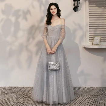 

Silver Gray Bridesmaid Dresses Sparkling Sequin Wedding Guest Dress V-Neck Full Sleeve Formal Gowns Bandage Back Vestidos R071