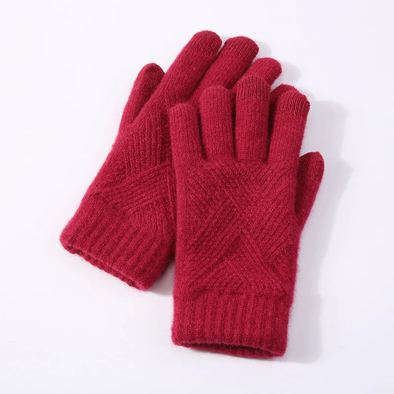 Перчатки, женские митенки Crochte Touch-screen теплые тянущиеся вязаные варежки Имитация шерсти полный палец Guantes женский Вязание крючком утолщение - Цвет: Red