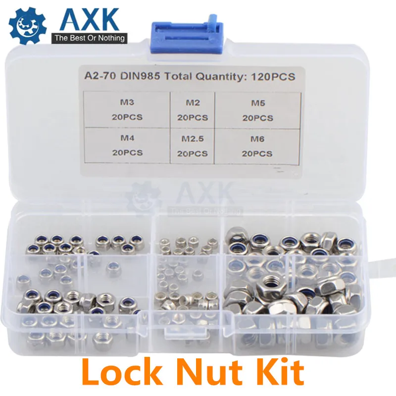 

120Pcs/set DIN985 M2 M2.5 M3 M4 M5 M6 Black Carbon Steel/ A2-70 Nylon Self-locking Hex Nuts Locknut Slip Lock Nut Kit DT
