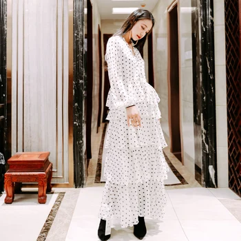 

Gold Line Vintage Dress Woman 2020 New Polka Dot Long-sleeve V-neck Elegant Maxi Dresses for Party Cascading Ruffle Vestido