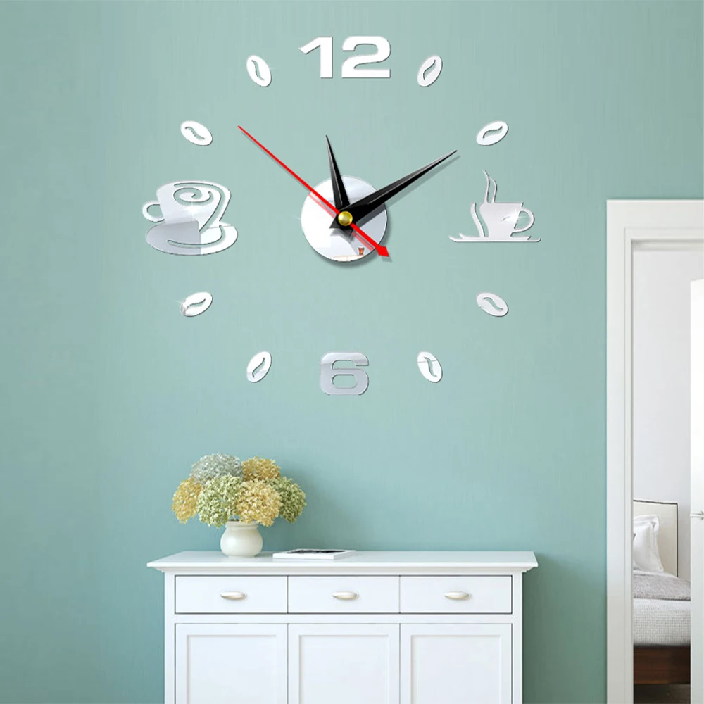 Acrylic Mirror Sticker DIY 3D Number Wall Clock Home Self Adhesive Waterproof Art Design DIY Coffee Cups Decor Office Decor