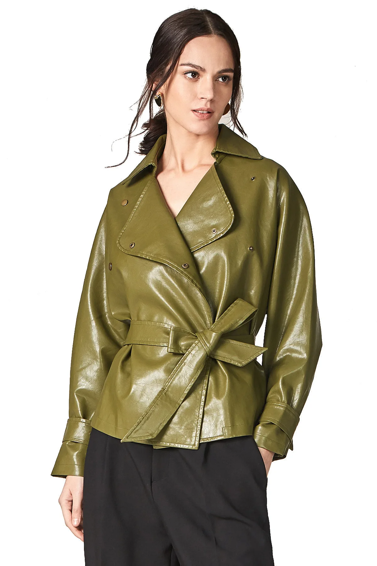 army green DEAT, модная, мото стиль, отложной воротник, длинный рукав, с поясом, для женщин, тонкая, высокая талия, одноцветная куртка,, весна, зима, новинка, TD536 - Цвет: army green