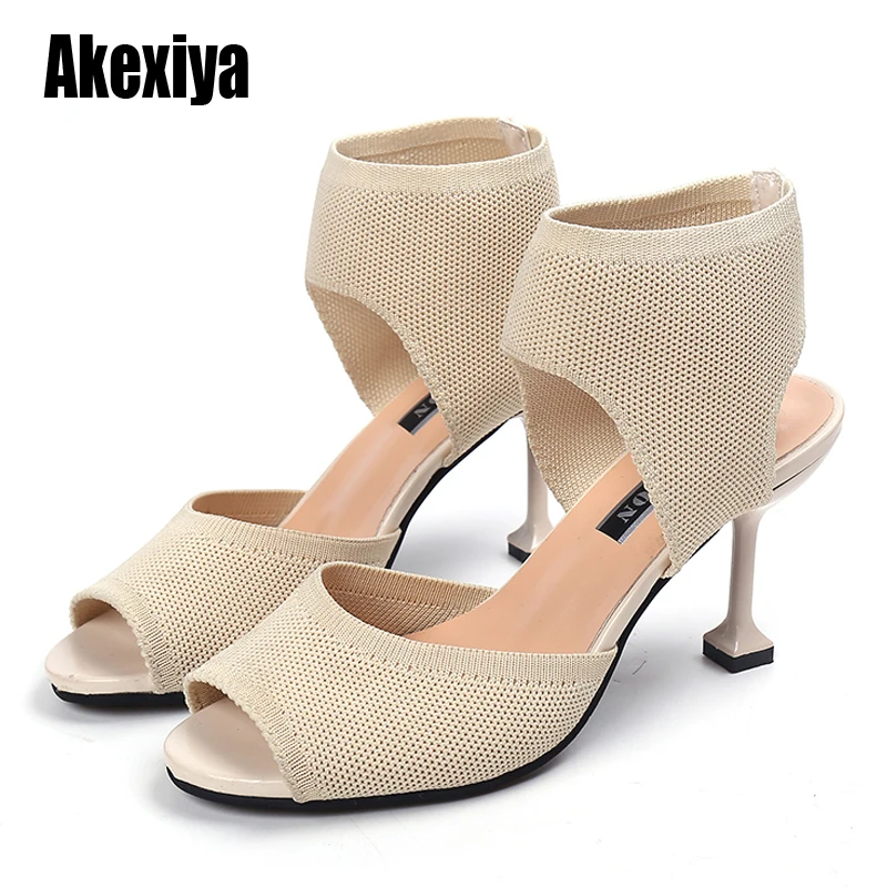 Женские сандалии с открытым носком Модная обувь Эластичная вязаная на высоком