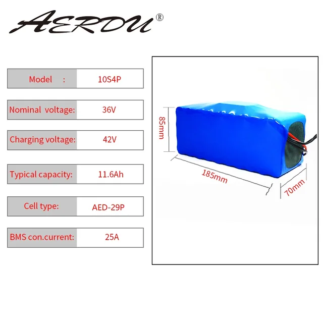 AERDU 36V 11.6Ah 10S4P 18650 Lithium battery pack for 36V batter 250W-750w ebike electric car bicycle motor scooter with 25A BMS 3