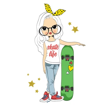 

Skater Girl Patches Fashion Applique Set Iron On Transfer For Clothing Diy Washable Stickers Environment Friendly Patches