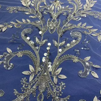 

newest style White embroidery net tulle mesh lace fabric with full beads JOY-31510 french style seuqins lace for wedding dress