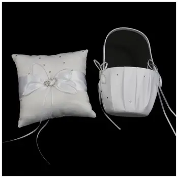 

2 pcs Heart Rhinestones Ivory Satin Flower Girl Basket and Ring Pillow Set bleach