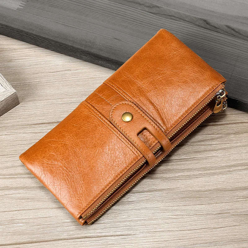 Кожаный женский кошелек Длинная стильная сумочка слой кожаный многофункциональный мужской кошелек - Цвет: Коричневый