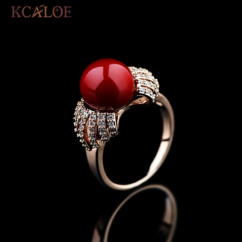 KCALOE Кольцо Для Женщин Красные Кольца с Имитацией Коралла Позолоченные Кольца с Кубическим Цирконом Свадебные Украшения с Натуральными Камнями