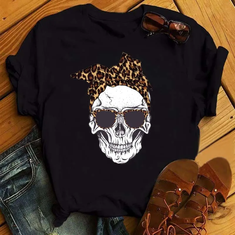 Fashion Leopard Skull Printed Women T-shirt Summer Loose Black Female T-shirt Casual Round Neck Harajuku Tops Woman Clothes 1