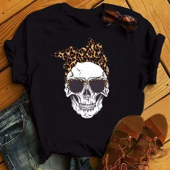 Fashion Leopard Skull Printed Women T-shirt Summer Loose Black Female T-shirt Casual Round Neck Harajuku Tops Woman Clothes 1