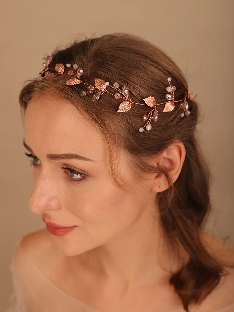 Rose Gold Alloy Crystal Bead Flower Headband Bridal Headwear Wedding Hair Accessories Party Prom Hair Jewelry Handmade Tiaras