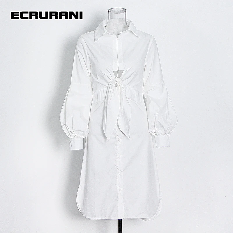 ECRURANI White Patchwork Bowknot Women's Shirts For Women Lapel Collar Long Sleeve High Waist Blouses Female Summer New Clothing