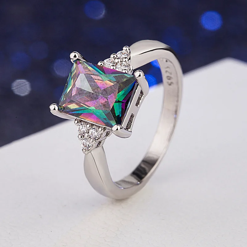 

Wild Personality Square Color Zircon Ring Hip Hop Girl Anniversary Birthday Gift Women's Jewelry Size 6-10