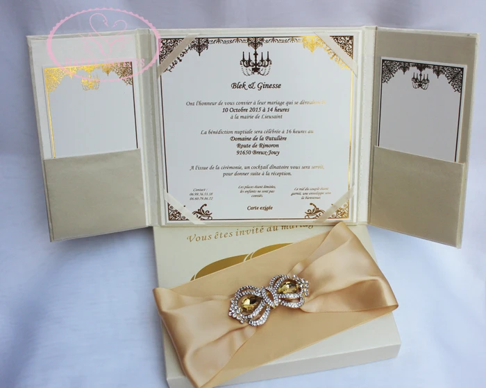 HI2003-129 Customzied Elegant Silk  Wedding Invitation in Beige with Gold Foil Printing & Champagne Gold Ribbon & Gold Grown Booch Made in China More Colors Available