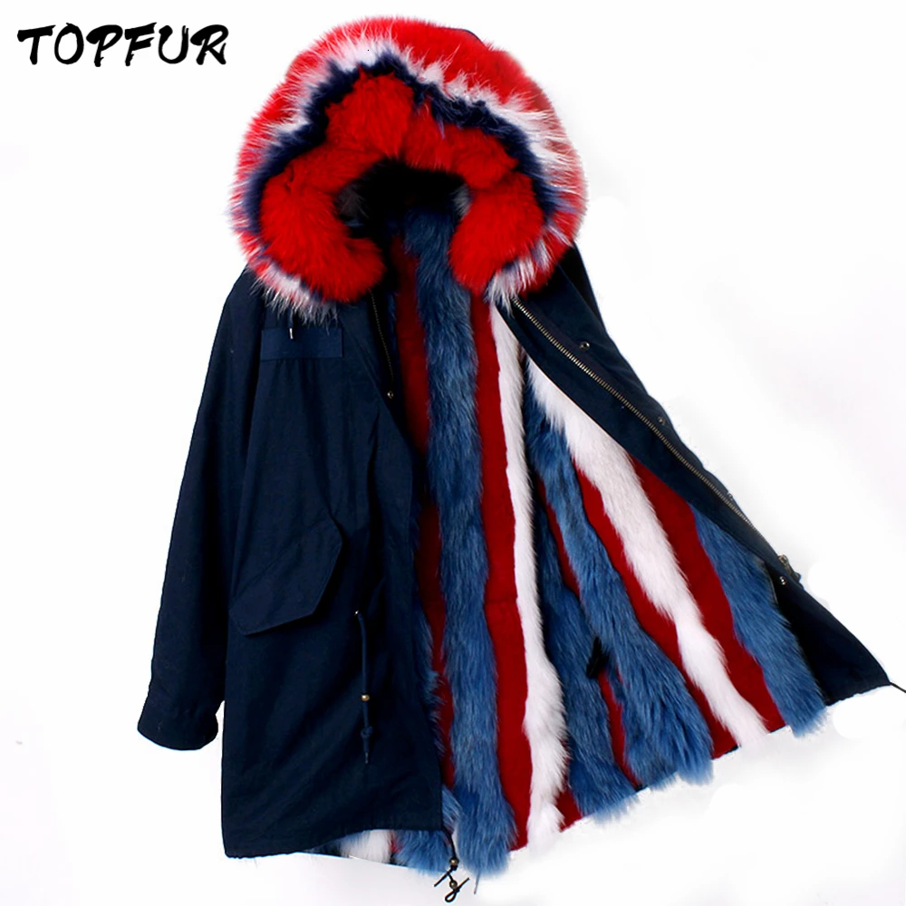 

REOCRV Real Fur Parka Women Deep Blue Parkas Women Real Raccoon Hooded With Fox Fur Lining Winter Parkas Women Waterproof Parkas