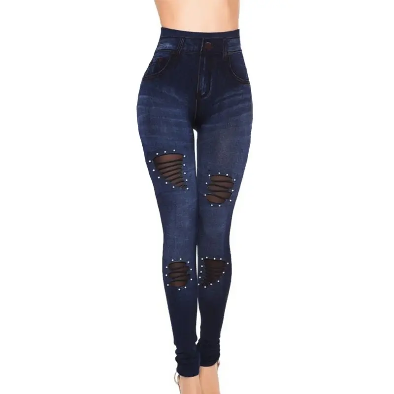 Тонкий Для женщин леггинсы жемчуг рваные бесшовные высота талии Искусственная лосины из джинсовой ткани Повседневное размера плюс узкие брюки S-3XL - Цвет: Тёмно-синий