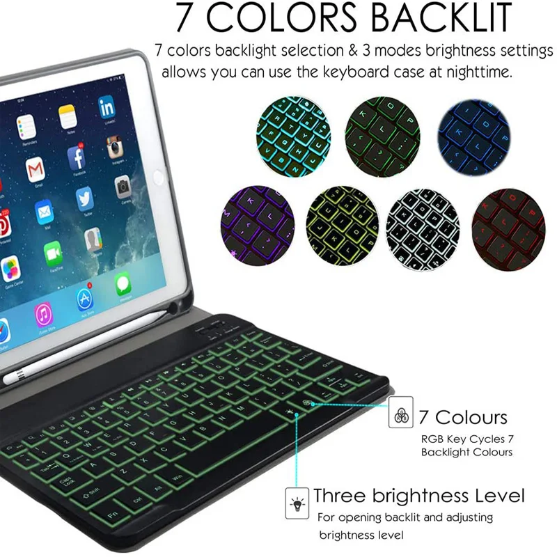 Чехол с подсветкой и Bluetooth клавиатурой для iPad 10 2 чехол держателем карандашей Apple 7