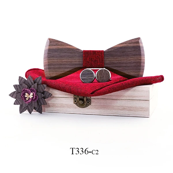 Деревянный галстук-бабочка, носовой платок, набор, мужские с запонками, с отворотом, цветы, цветочный дизайн, деревянная коробка, модные, новинка, мужские галстуки - Цвет: T336-C2