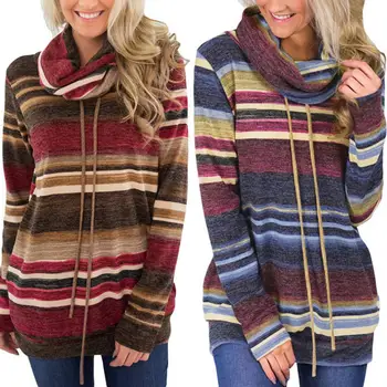 

Colorful Turtleneck Sweatshirt Striped Heaps Collar Long Sleeve Sweater Casual Women Loose Pullover Winter Autunm female jumpers