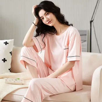 

Summer Cotton Solid Pijamas Women Plus Size Sleepwear 2Pcs Bowknot Home Clothes Tender Short Sleeve Thin Fresh Full Pajamas Set