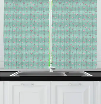 

Pink Seafoam Romantic Kitchen Curtains Heart Balloons Vertical Striped Background Valentines Day Love Design Window Drapes