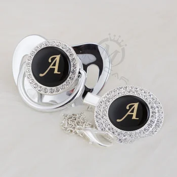 

MIYOCAR silver Initials letter A black bling pacifier and pacifier clip BPA free dummy bling unique cool LA-1-B