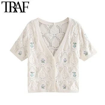 

TRAF Women Fashion Floral Embroidery Cropped Knitted Cardigan Sweater Vintage Short Sleeve Female Outerwear Chic Tops