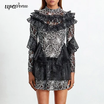 

2020 Fashion New Stand-Up Collar Dress Sexy Women Patchwork Lace Ruffled Long-Sleeved Hollow Mini Dress Club Party Vestidos