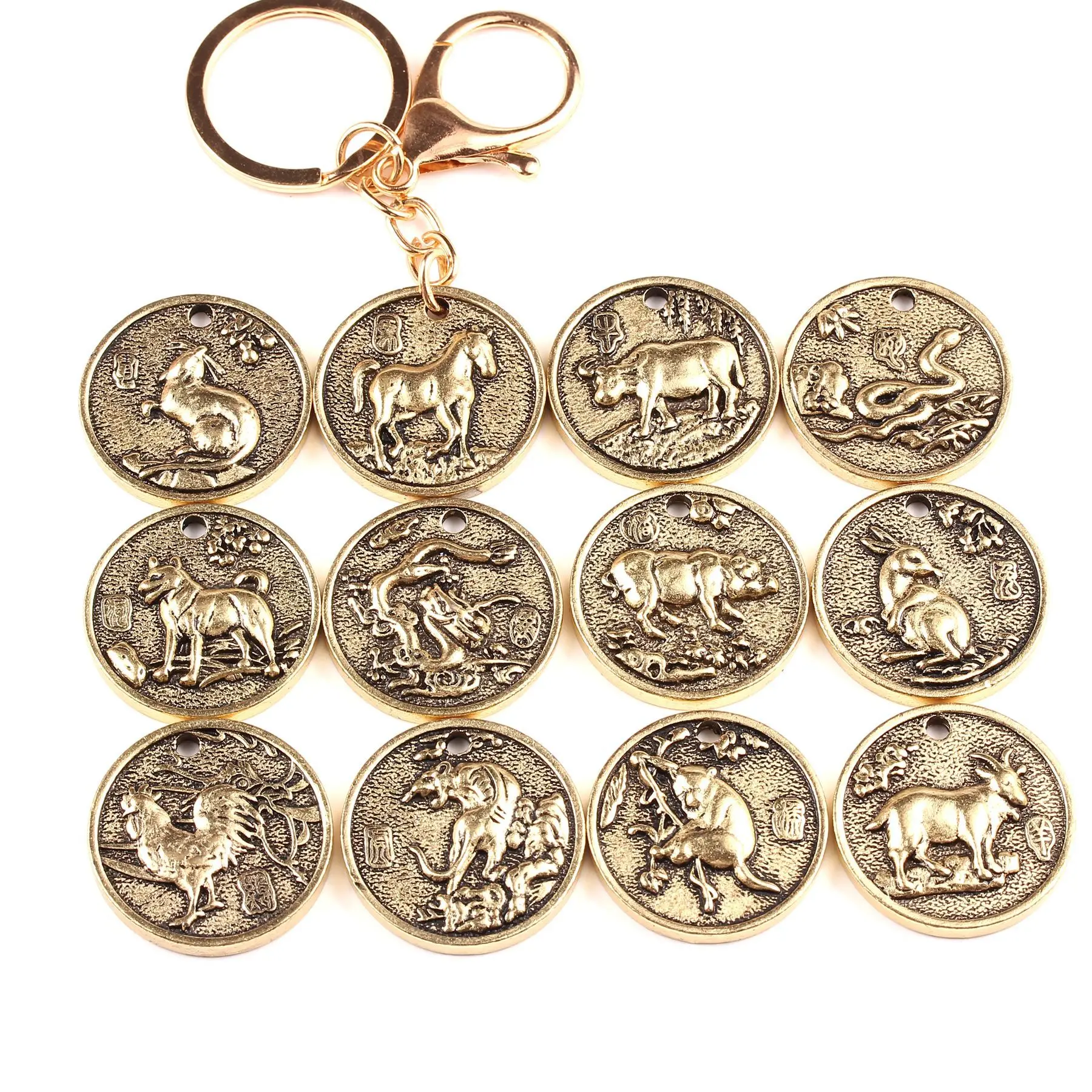 Brass Chinese Zodiac Pendant Rat Cow Tiger Rabbit Dragon Snake Horse Sheep Monkey Chicken Dog Pig Animals Key Chain Accessories | Украшения