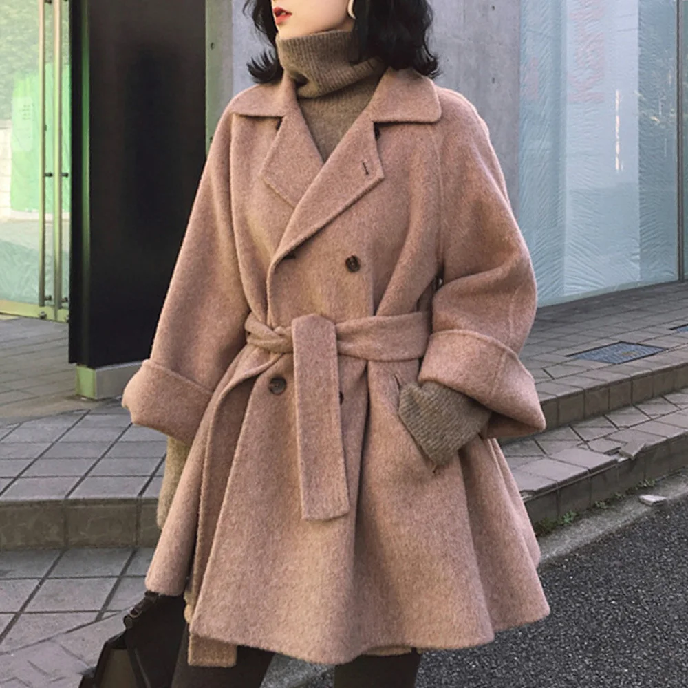 

Elegant Wool Blends Women Korean Autumn and Winter Warm Elegant Sashes Coat Brown Oversized Overcoat Retro Causal Outwear White