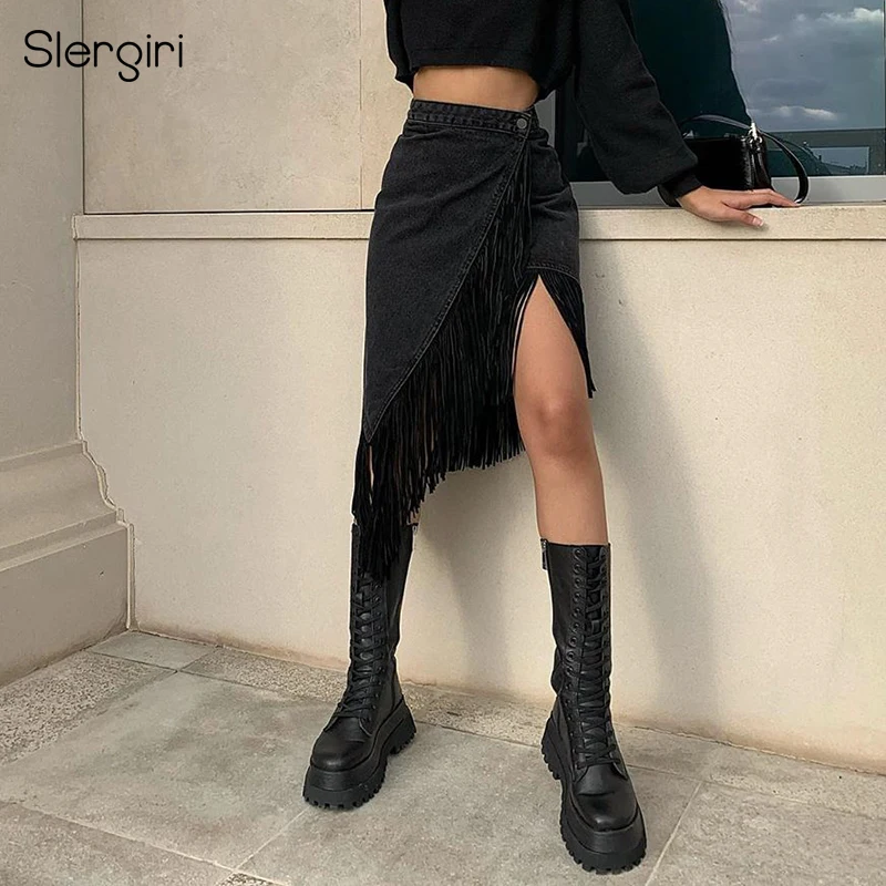 Slergiri 2020 летняя черная джинсовая юбка с кисточками Женская Уличная Повседневная