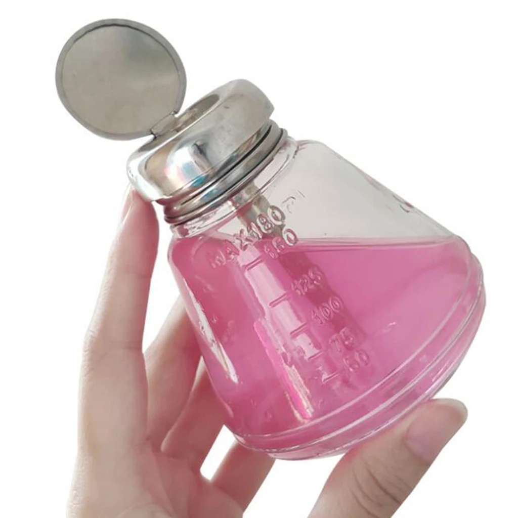 180ml Glass Push Down Empty Press Bottle Alcohol Acetone Pump Dispenser Vials for Nail Polish and Makeup Remover, Silver Top Cap