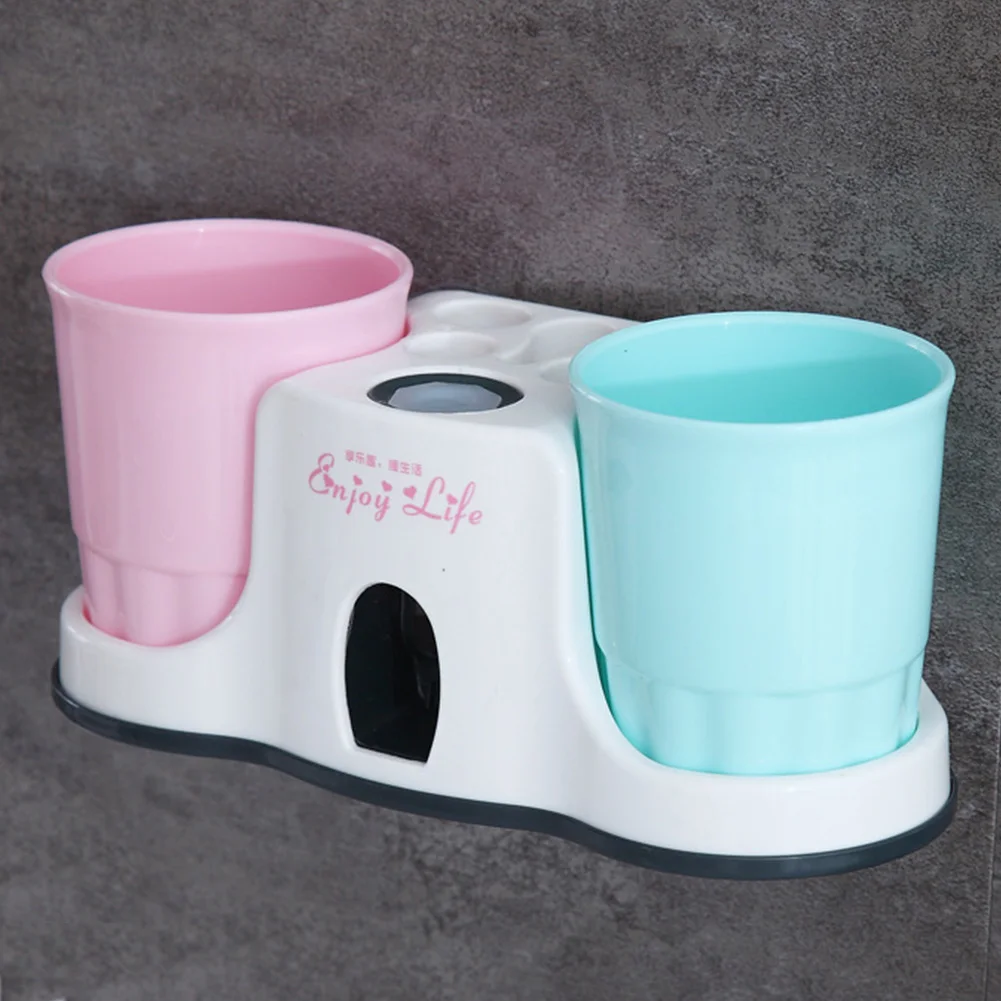 

Toothbrush Holder Wheat Straw Stand Squeezer Organizer Home Toothpaste Dispenser Cute Automatic Bathroom Accessories With 2 Cups