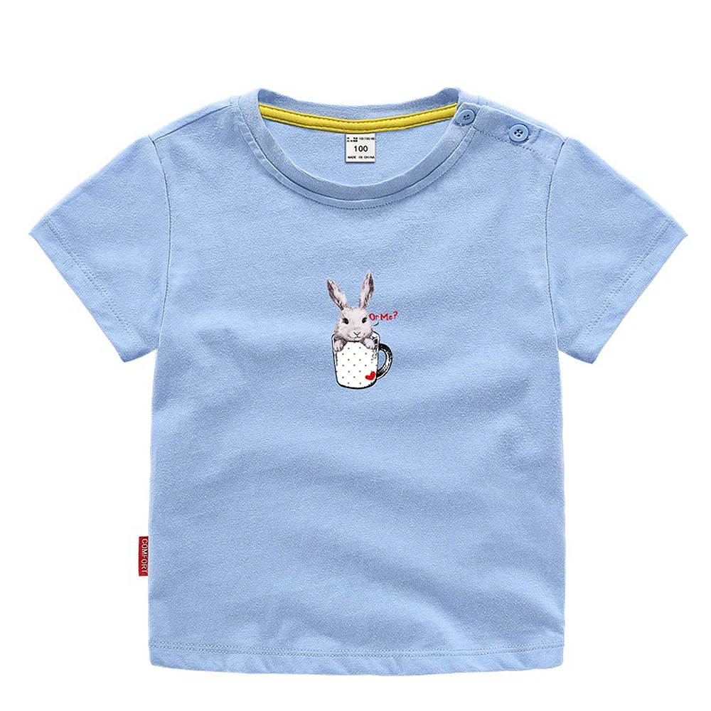 Летняя детская Рождественская одежда хлопковая однотонная Детская Повседневная футболка с короткими рукавами и принтом кролика для маленьких девочек Футболка - Цвет: light blue