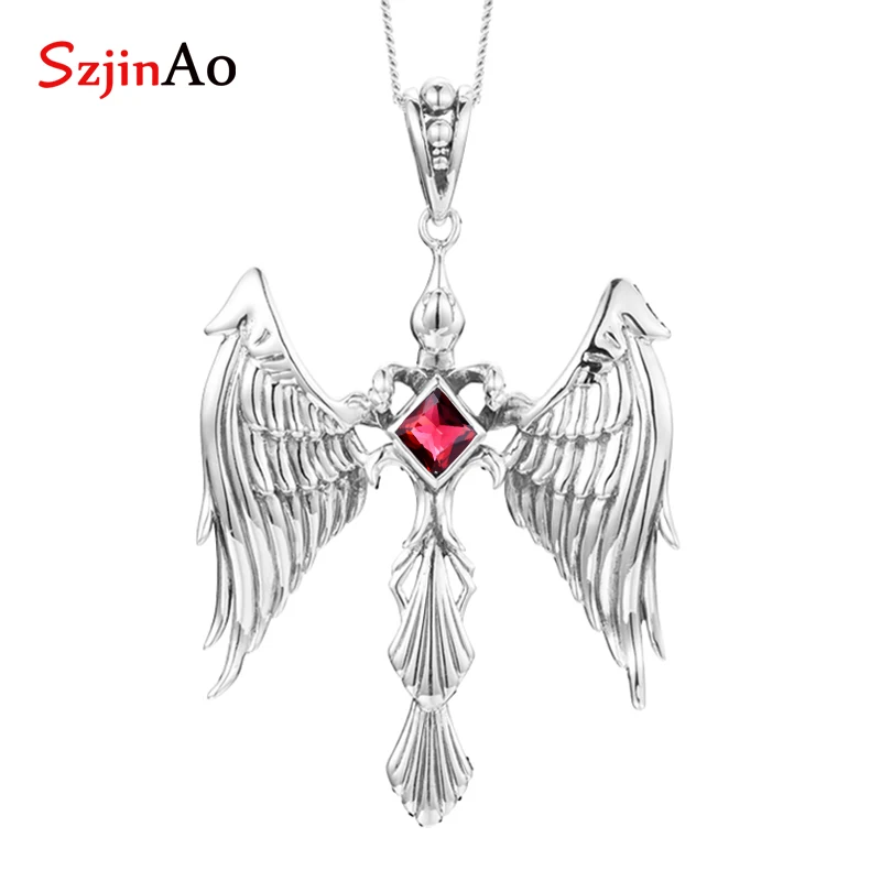 

SzjinAo Luxury Elegant Angel Solid 925 Sterling Silver Sapphire Pendant September Birthstone Fine Jewelry Women Accessories